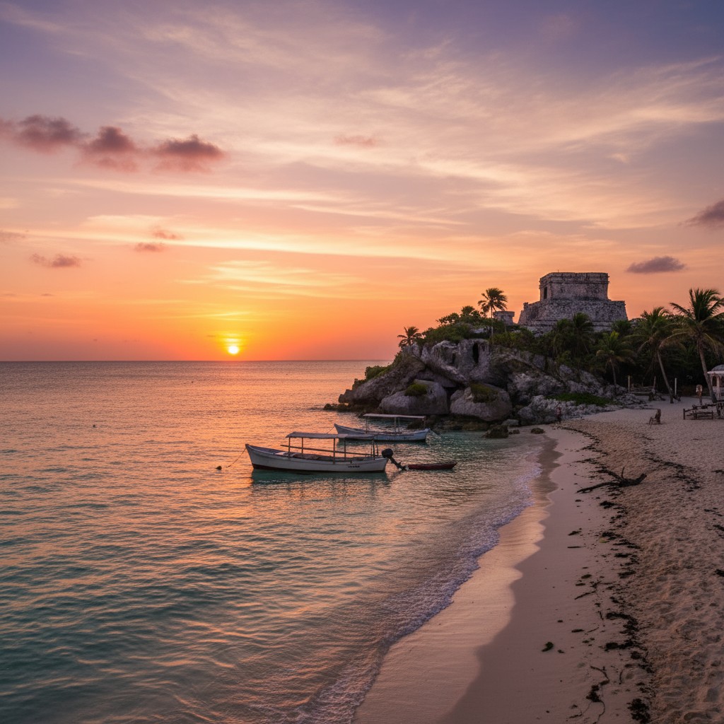A serene sunset with scenic ocean views, majestic ruins and boats moored off a lushly vegetated seaside cliff.