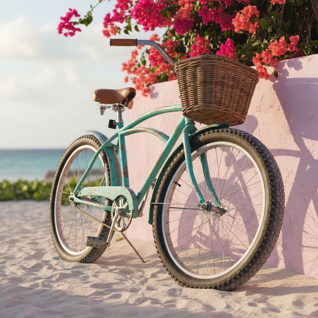 A light blue beach cruiser style bike stands in sand by a pink wall with a basket on the handlebars. Hot pink flowers are ...