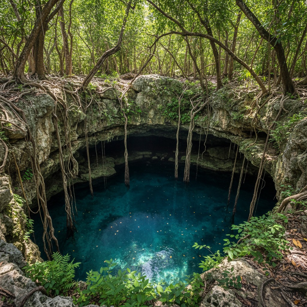 A deep, round cenote, surrounded by trees and vines, and filled with clear blue water.