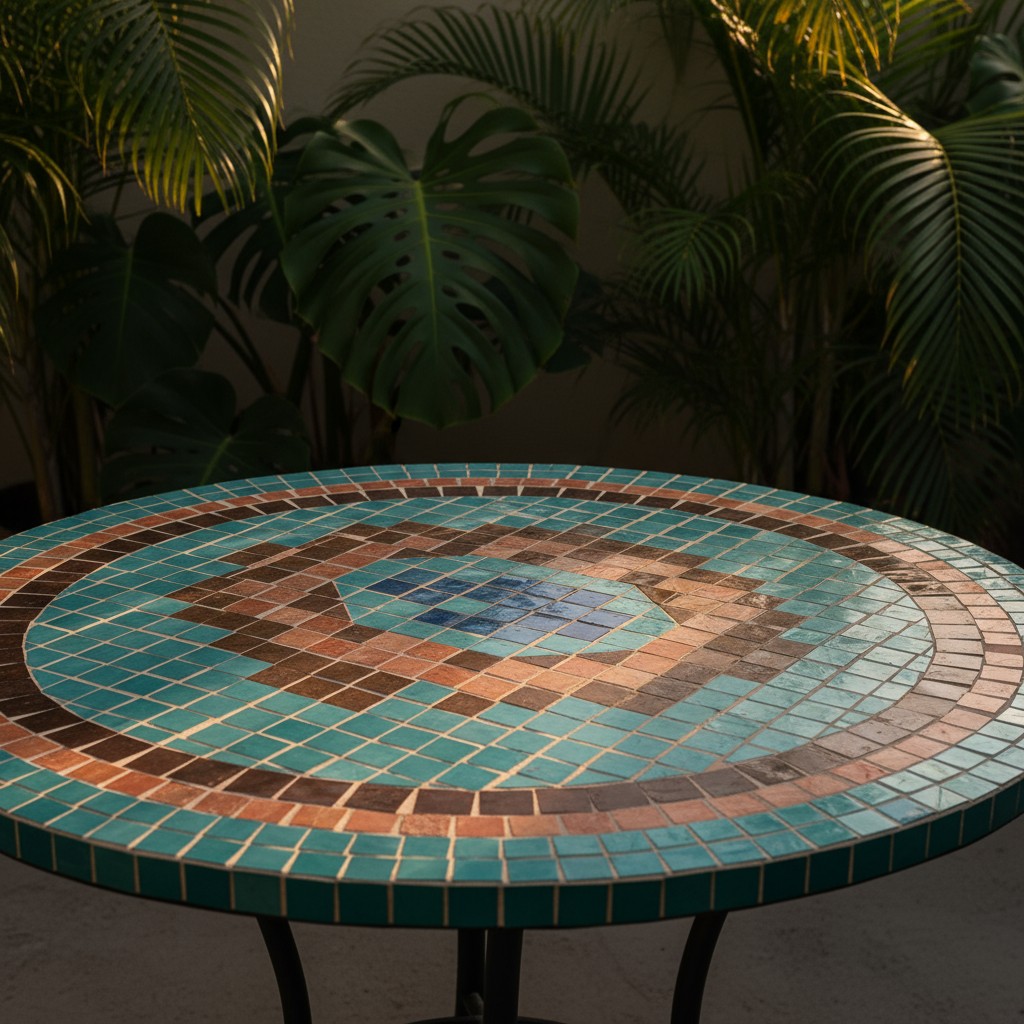 The image depicts a close-up of a mosaic table in front of plants.